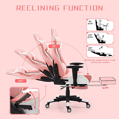 NOKAXUS Gaming Chair Large Size High-Back Ergonomic Racing Seat with Massager Lumbar Support and Retractible Footrest PU Leather 90-180 Degree Adjustment of backrest Thickening sponges (YK-6008-PINK)