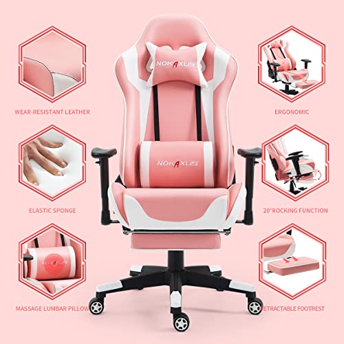 NOKAXUS Gaming Chair Large Size High-Back Ergonomic Racing Seat with Massager Lumbar Support and Retractible Footrest PU Leather 90-180 Degree Adjustment of backrest Thickening sponges (YK-6008-PINK)