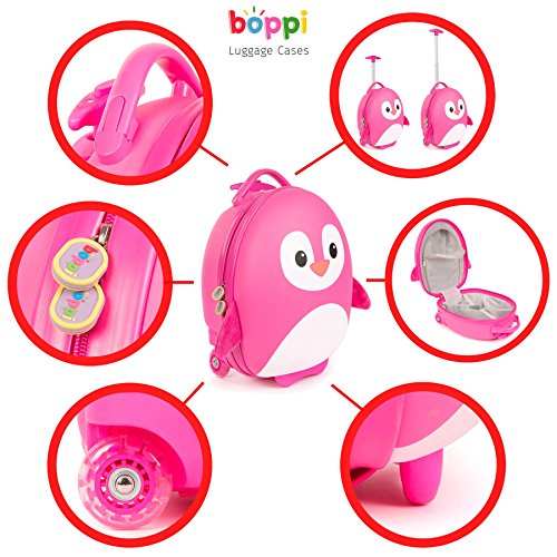 Boppi Tiny Trekker Kids Luggage Travel Suitcase Carry On Cabin Bag Holiday Pull Along Trolley Lighweight Wheeled Holdall 17 Litre Hand Case - Pink Penguin