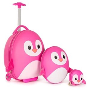 Boppi Tiny Trekker Kids Luggage Travel Suitcase Carry On Cabin Bag Holiday Pull Along Trolley Lighweight Wheeled Holdall 17 Litre Hand Case - Pink Penguin