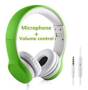 yusonic kids headphones, two audio port for sharing, headphones for kids with mic & volume limiting, baby children toddlers boys girls laptop tablet class travel school use（green