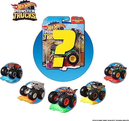 Hot Wheels Monster Trucks, 1 Toy Truck in 1:64 Scale & 1 Crushable Car (Styles May Vary)