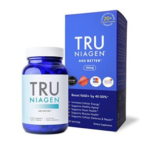 tru niagen - patented nicotinamide riboside nad+ supplement. nr supports cellular energy metabolism & repair, vitality, healthy aging of heart, brain & muscle - 60 servings / 120 capsules