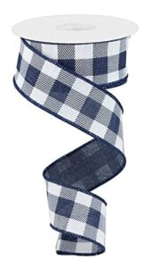 plaid check wired edge ribbon - 10 yards (navy blue, white, 1.5 inches)