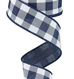 Plaid Check Wired Edge Ribbon - 10 Yards (Navy Blue, White, 1.5 Inches)