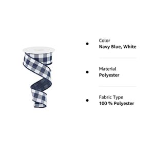 Plaid Check Wired Edge Ribbon - 10 Yards (Navy Blue, White, 1.5 Inches)