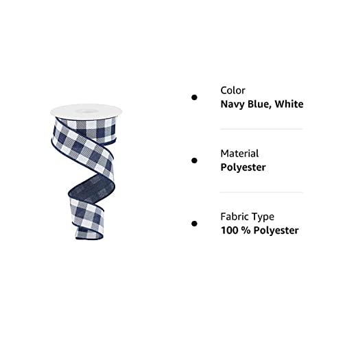 Plaid Check Wired Edge Ribbon - 10 Yards (Navy Blue, White, 1.5 Inches)