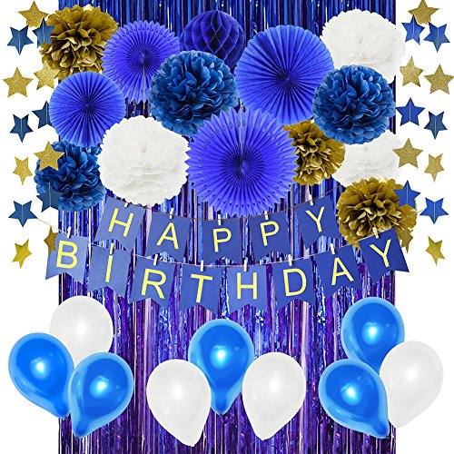 Navy Birthday Decorations for Boy 1st Birthday Party Decorations HAPPY BIRTHDAY Banner Tissue Pom Poms Blue Foil Curtains Paper Fans Blue Gold Paper Star Garland Latex Balloons Nautical Party Supplies