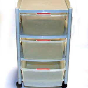 Rolling Storage Cart of 3 translucent removable drawers on wheels for anywhere: kids’ room, garage, workshop, or sewing room