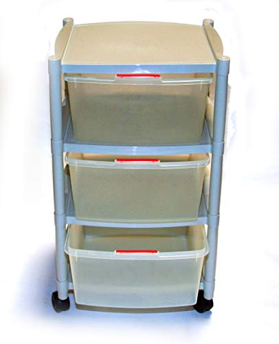 Rolling Storage Cart of 3 translucent removable drawers on wheels for anywhere: kids’ room, garage, workshop, or sewing room