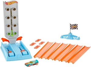 hot wheels toy car track set drag strip champion with 1:64 scale car, head-to-head racing, connects to other sets