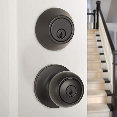 Amazon Basics Exterior Door Knob With Lock and Deadbolt, Coastal, Matte Black