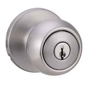 amazon basics exterior door knob with lock, coastal, satin nickel