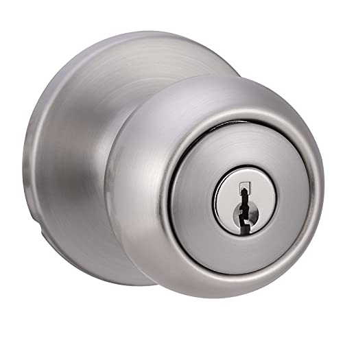 Amazon Basics Exterior Door Knob With Lock, Coastal, Satin Nickel