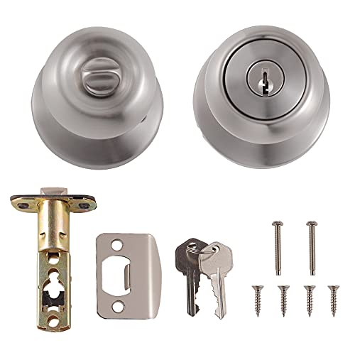 Amazon Basics Exterior Door Knob With Lock, Coastal, Satin Nickel