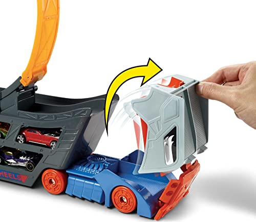 Hot Wheels Stunt & Go Track Set with 1 Toy Car, Transforming Hauler Truck with Launcher, Stores 18 1:64 Scale Cars [Amazon Exclusive]