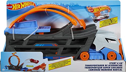 Hot Wheels Stunt & Go Track Set with 1 Toy Car, Transforming Hauler Truck with Launcher, Stores 18 1:64 Scale Cars [Amazon Exclusive]