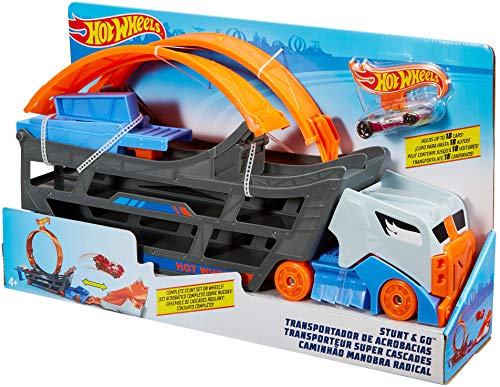 Hot Wheels Stunt & Go Track Set with 1 Toy Car, Transforming Hauler Truck with Launcher, Stores 18 1:64 Scale Cars [Amazon Exclusive]