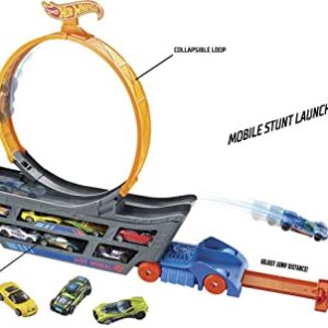 Hot Wheels Stunt & Go Track Set with 1 Toy Car, Transforming Hauler Truck with Launcher, Stores 18 1:64 Scale Cars [Amazon Exclusive]