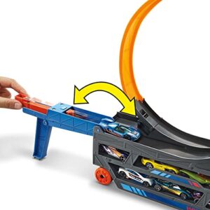 Hot Wheels Stunt & Go Track Set with 1 Toy Car, Transforming Hauler Truck with Launcher, Stores 18 1:64 Scale Cars [Amazon Exclusive]