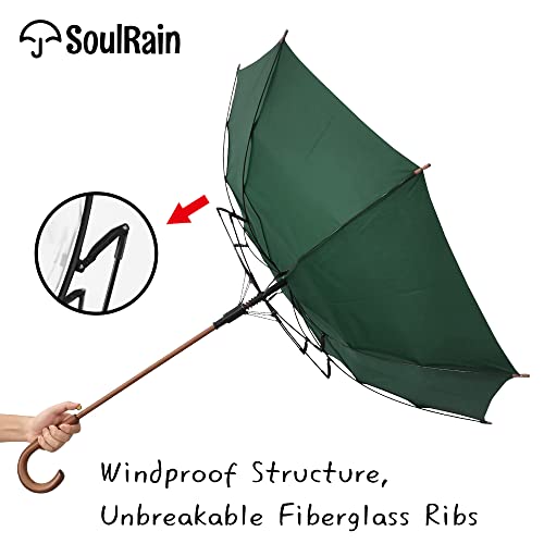 SoulRain 48" Arc Classic Wood Handle Umbrella Auto Open Windproof Unbreakable Stick Rain Umbrella (Hunter Green)