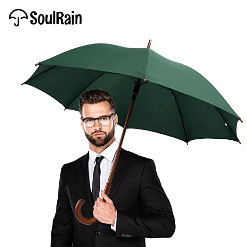 SoulRain 48" Arc Classic Wood Handle Umbrella Auto Open Windproof Unbreakable Stick Rain Umbrella (Hunter Green)