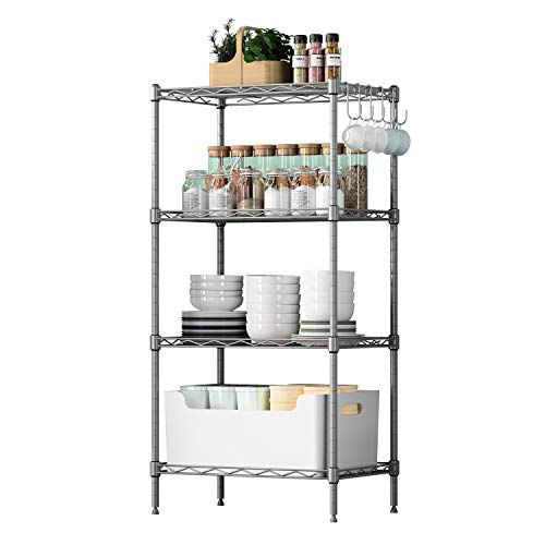 VOONEEN 4 Tier Shelf Shelving Units, Multipurpose Metal Modern Small Storage Rack with 4 Hooks, Stainless Steel Wire Organisation Suitable For Pantry Kitchen Livingroom Bathroom Office, 45*30*90 CM