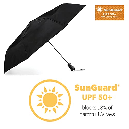 totes Portable Umbrella for Travel – Compact for Car, Backpack and Purse – Windproof, Strong, UV Sun Protection, Water-Repellant, Foldable On-the-Go Umbrella with One Touch Open/Close