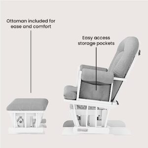 Child Craft Cozy Glider Rocker and Ottoman Set, Padded Cushion with Storage Pockets, Solid Wood Base, Matte White with Light Gray Cushion