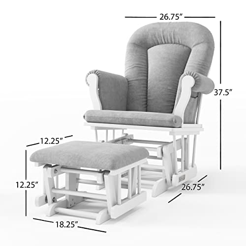 Child Craft Cozy Glider Rocker and Ottoman Set, Padded Cushion with Storage Pockets, Solid Wood Base, Matte White with Light Gray Cushion