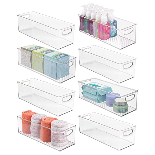 mDesign Plastic Toiletry Organizer for Bathroom - Storage Holder Bin w/Handles for Vanity, Drawers, Dresser - Holds Hair Products, Makeup, Lotion, Skincare and More - Ligne Collection - 8 Pack, Clear