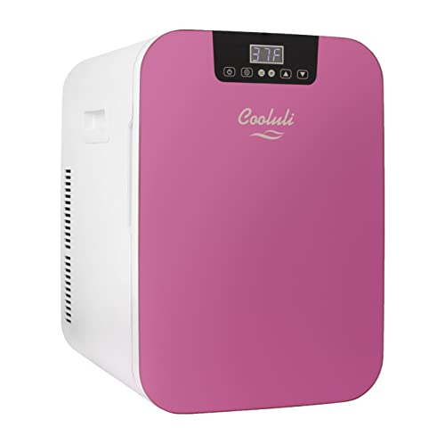 Cooluli 20L Mini Fridge For Bedroom - Car, Office Desk & College Dorm Room - Glass Front & Digital Temperature Control - Small 12v Refrigerator for Food, Drinks, Skincare, Beauty & Breast Milk (Pink)