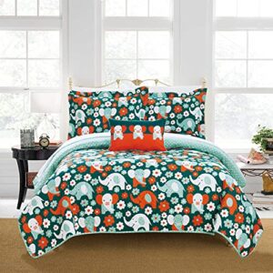 chic home marsh 4 piece reversible quilt set cute elephant friends youth design bed in a bag-decorative pillow shams included, full, multi color