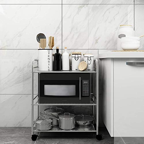YKEASE 3-Shelf Shelving Units on Wheels Stainless Steel Kitchen Cart Microwave Stand - Bathroom Garage Storage Shelves 24 Inches Wide