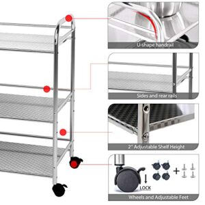 YKEASE 3-Shelf Shelving Units on Wheels Stainless Steel Kitchen Cart Microwave Stand - Bathroom Garage Storage Shelves 24 Inches Wide