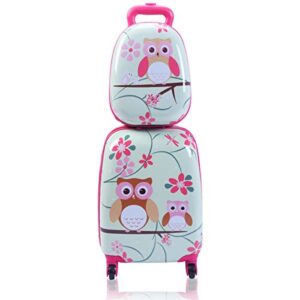 goplus 2pc kids luggage, 12" & 16" kids carry on luggage set, lightweight spinner suitcases for boys and girls (owl)