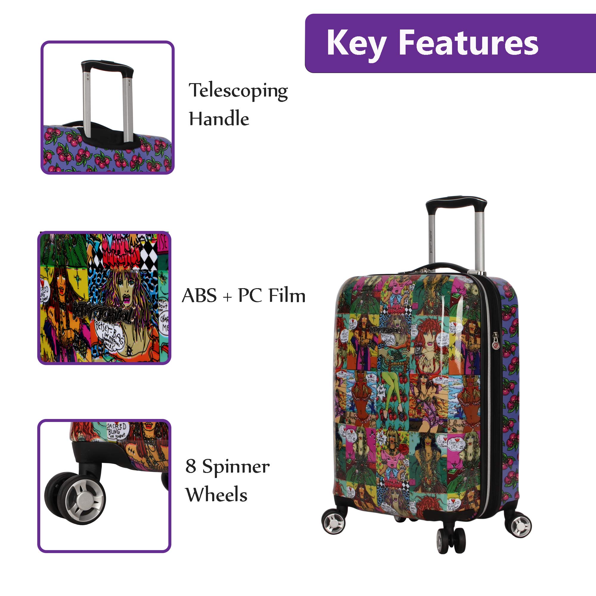 Betsey Johnson Designer 20 Inch Carry On - Expandable (ABS + PC) Hardside Luggage - Lightweight Durable Suitcase With 8-Rolling Spinner Wheels for Women (Girls Print)