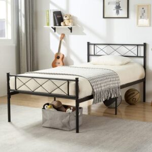 vecelo metal platform bed frame mattress foundation with headboard & footboard/firm support & easy set up structure, twin, black