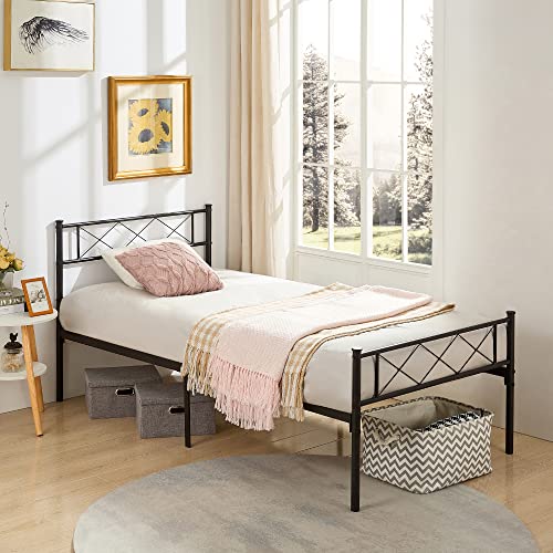 VECELO Metal Platform Bed Frame Mattress Foundation with Headboard & Footboard/Firm Support & Easy Set up Structure, Twin, Black