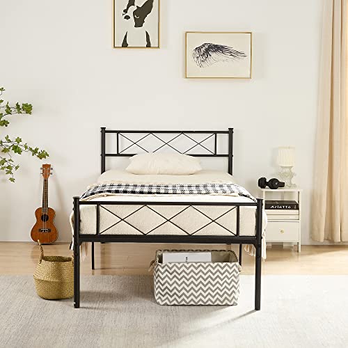 VECELO Metal Platform Bed Frame Mattress Foundation with Headboard & Footboard/Firm Support & Easy Set up Structure, Twin, Black