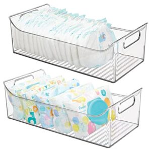 mdesign portable nursery storage plastic baby organizer storage caddy bin w/handles for kids/child essentials - holds diapers, wipes, bottles, baby food - 16" long - ligne collection - 2 pack - clear