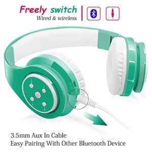 Kids Wireless Bluetooth headphones Volume Limited 85db Stereo Sound Over-Ear Foldable Lightweight Children headphones with Mic SD Card Slot up to 6-8 hours play time for Boys Girls Adults (Green)