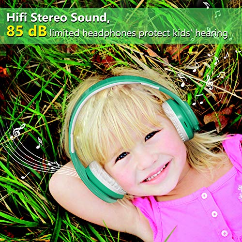 Kids Wireless Bluetooth headphones Volume Limited 85db Stereo Sound Over-Ear Foldable Lightweight Children headphones with Mic SD Card Slot up to 6-8 hours play time for Boys Girls Adults (Green)