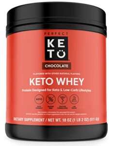 perfect keto pure whey protein powder isolate delicious 100% grass fed meal replacement shake no artificials, gluten free, soy free, non-gmo (chocolate)