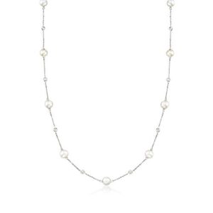 ross-simons 6-7mm cultured pearl and .30 ct. t.w. diamond station necklace in 14kt white gold. 16 inches