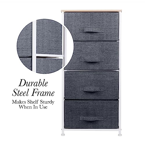 Simplify 4 Tier Vertical Storage Chest | Dresser | Nightstand | Fabric Drawers | Sturdy Steel Frame | Organizer | Bedroom | Closet | Easy to Assemble | Grey