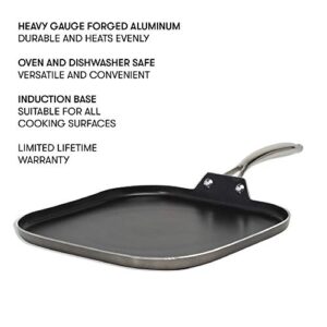 Cooking Light Inspire Non-Stick Square Griddle Pan, Dishwasher Oven Safe, Stainless Steel Handles, 11 Inch, Gunmetal Gray