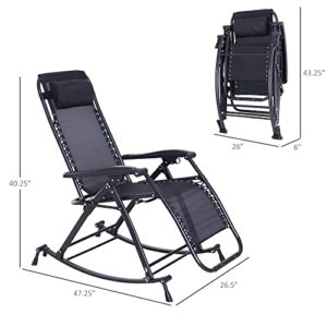 Outsunny Outdoor Rocking Chairs, Foldable Reclining Zero Gravity Lounge Rocker w/Pillow, Cup & Phone Holder, Combo Design w/Folding Legs, Black