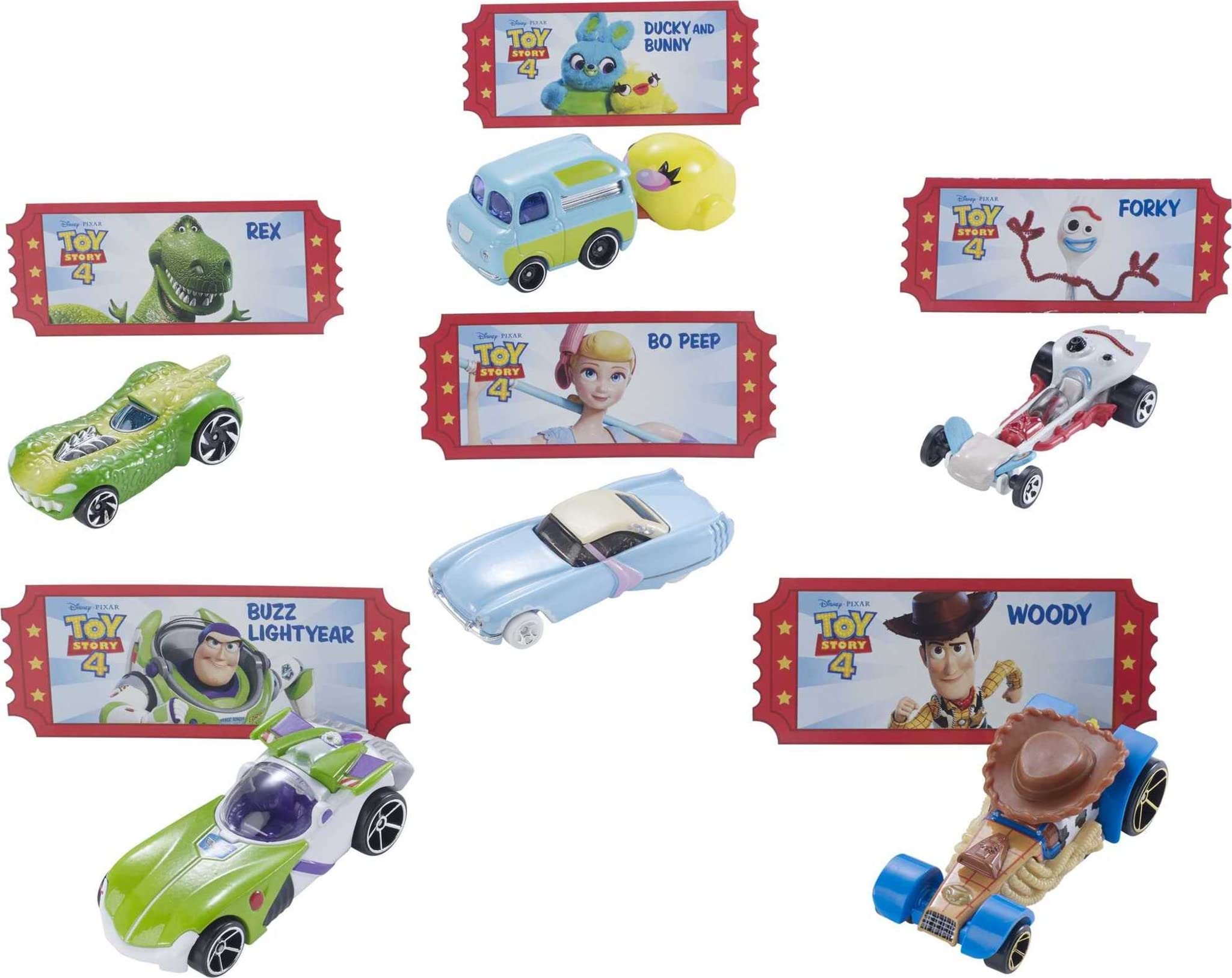 Hot Wheels Disney and Pixar Toy Story 4 Bundle of 6 1:64 Scale Character Cars: Woody, Buzz, Forky, Bo Beep, Rex & Ducky & Bunny [Amazon Exclusive]