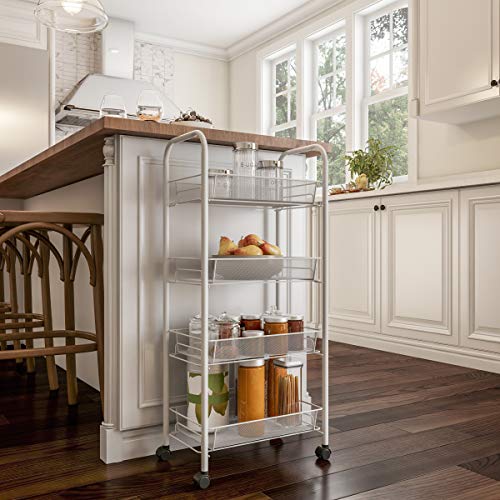 Lavish Home 4-Tiered Narrow Rolling Storage Shelves-Mobile Space Saving Utility Organizer Cart for Kitchen, Bathroom, Laundry, Garage or Office